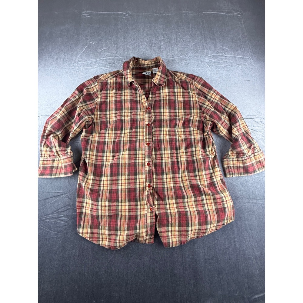 Allison Lane Womens 1X Plaid Button Down Shirt Red Tan Cotton 3/4 Sleeve Top